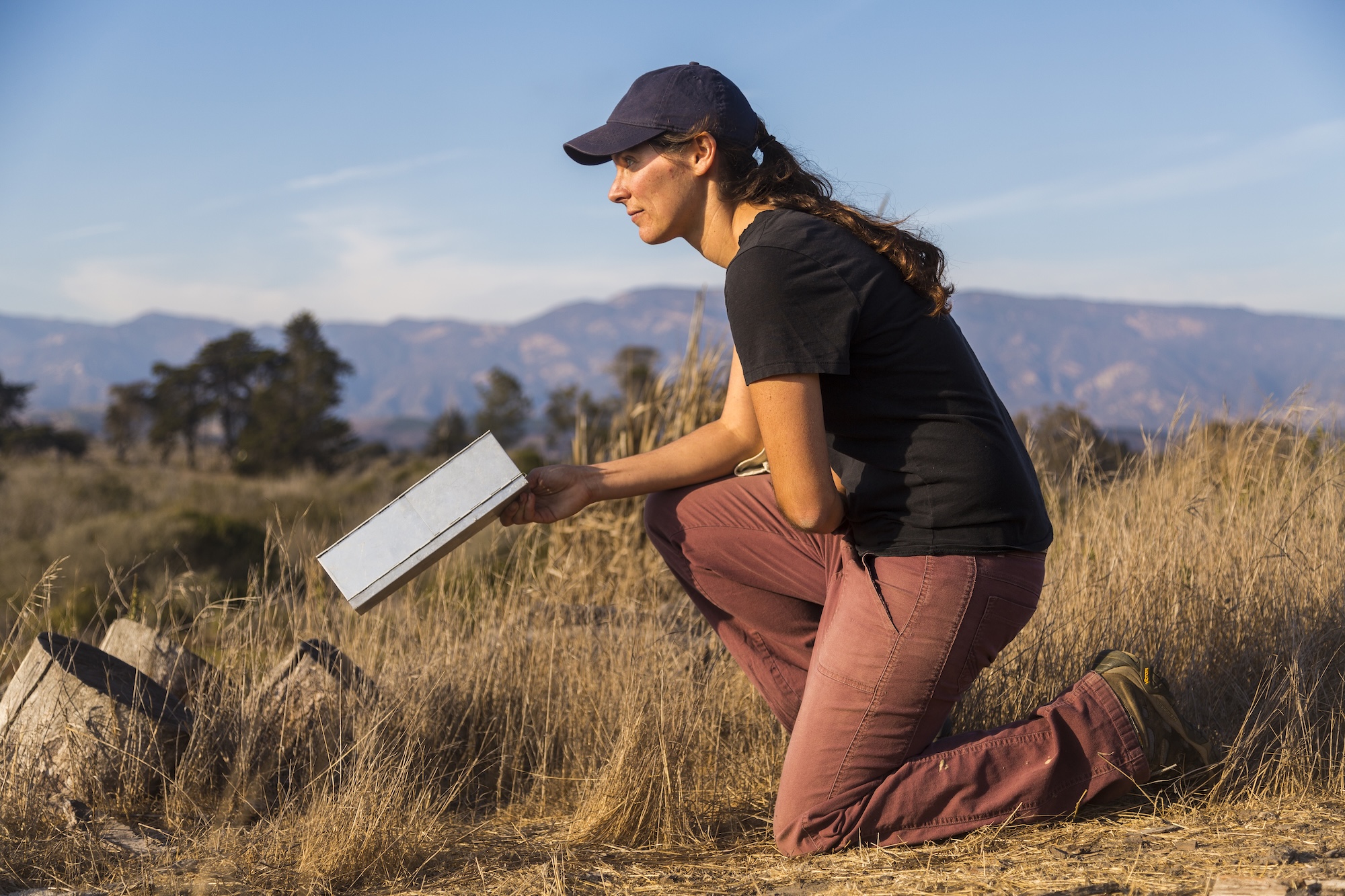 Woman on one knee in dried grass holding a research instrument